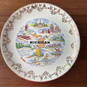 Vintage Michigan Souvenir Collector Plate Ivory Gold Greenfield Village Detroit